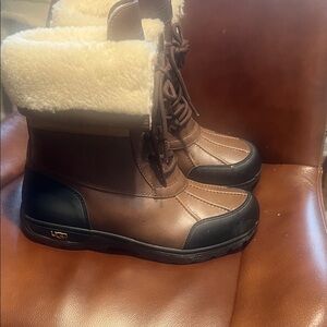 UGG Brown and Black Snow Boots with Cream Fur